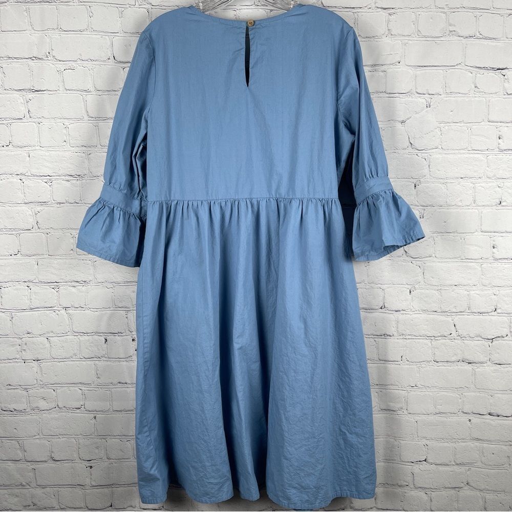 MYX Fusionwear blue boho embroidered cotton dress bell sleeves pockets, size L - Picture 2 of 14